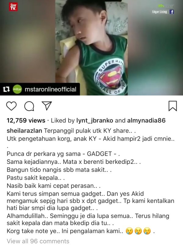 Perkongsian Sheila untuk dijadikan iktibar kepada ibu bapa mengenai kesan penggunaan gadget di kalangan kanak-kanak